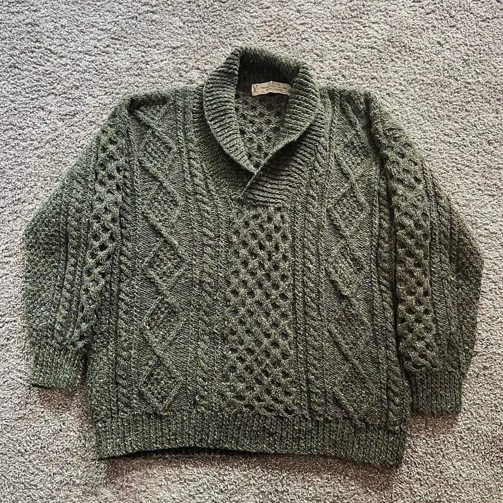 VTG Aran Islands Irish Wool Sweater Green Chunky Fisherman Cable Knit Shawl Sz L